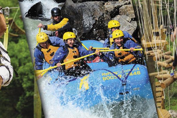 Colorado Adventure Center collage of ziplining, rafting and ropes course