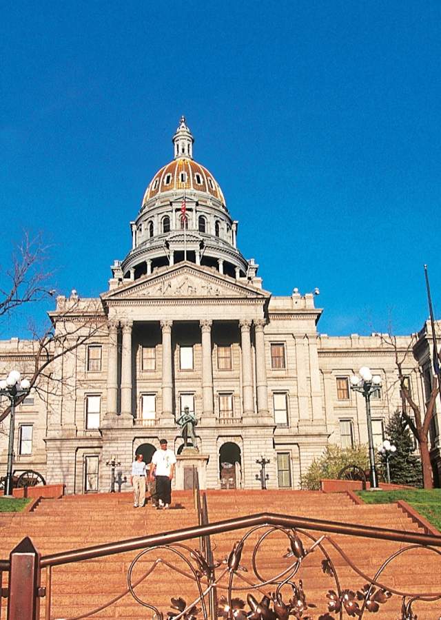 Steps and decorative fencing on the way up to the Colorado State Capitol building.