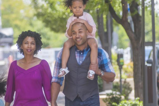 Family walking in Denver's Cherry Creek North