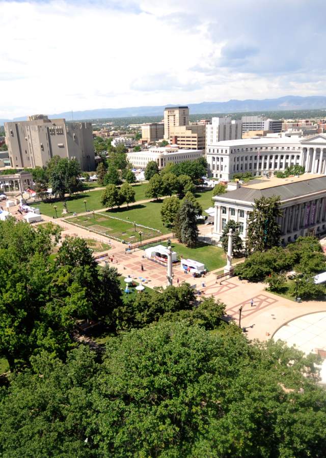 Aerial view of a festival with vendors in Civic Center Park